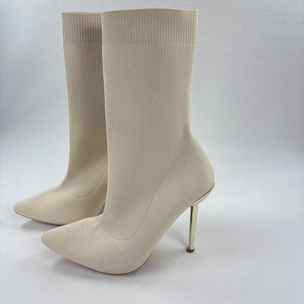 Knit Pointed Toe Sock Booties Stiletto Ivory Cream 4.5" High Heels Size 8.5 - Picture 5 of 14